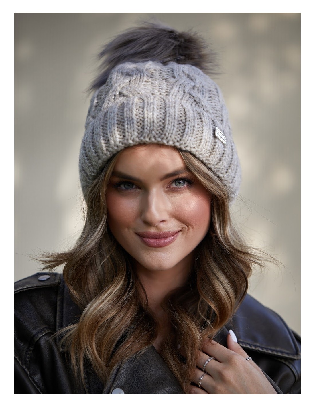 Winter hat with a shimmering thread in braids, beige C49 - Online store - Boutique